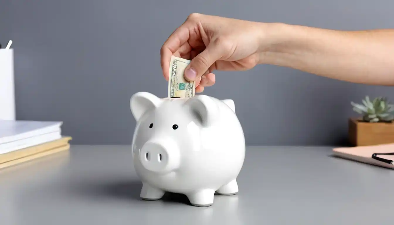 money saving, Human hand inserting banknote in white piggybank on desk